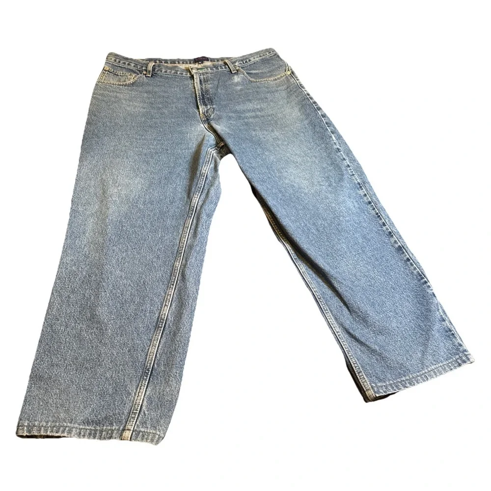 Vintage Tommy Hilfiger Tommy Jeans 40x30 Blue Denim‎ 90s Leather Patch